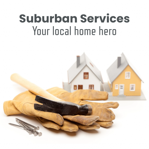 Suburban Services local handy man service. Showing work gloves, nails and 2 small model homes on a white background.