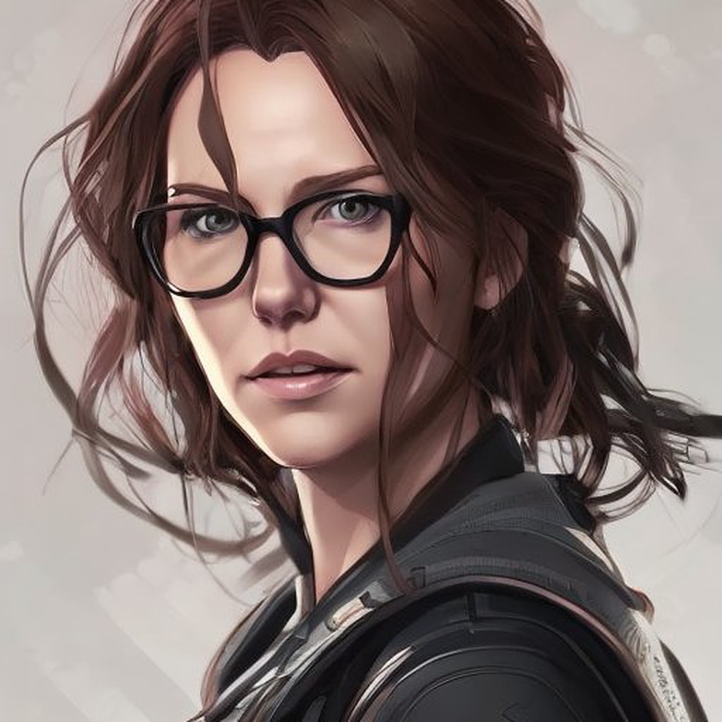A portrait of a woman wearing wearing glasses with brown hair tied back but tendrils are loose around her face.